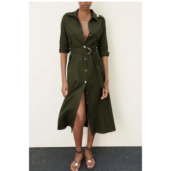 Zara Dresses & Skirts - Zara Linen Blend Belted Midi Shirt Dress